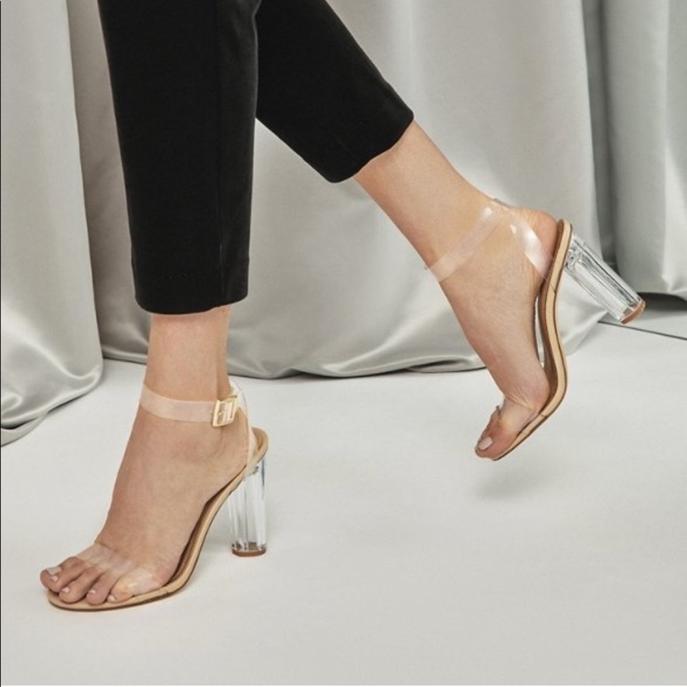 NWT JUSTFAB Hanna Nude Transparent Heeled Sandals, size 8